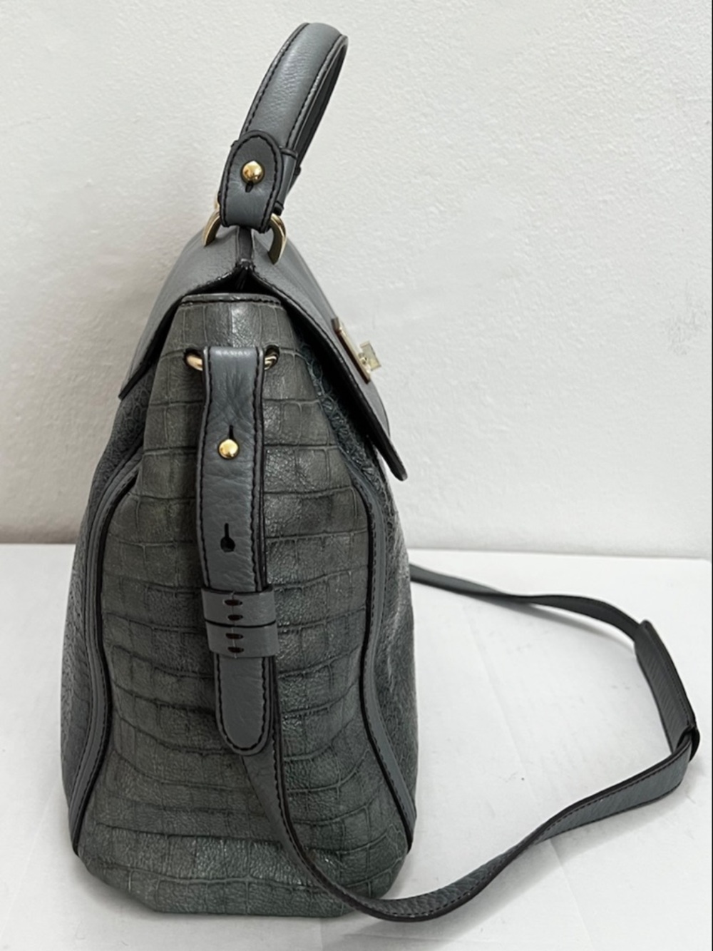 MCM Mocha Luxe Handbag 2010 Vintage Croco Leather Satchel Bag Rare Khaki Gray - Picture 6 of 16